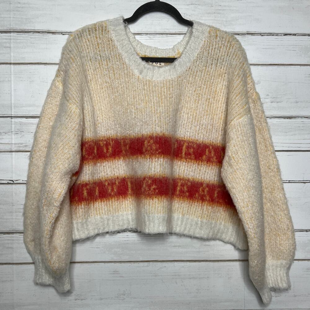 POL Fuzzy Striped Sweater Size Small Cream Red Cropped Oversized Knit Pullover - Picture 3 of 10